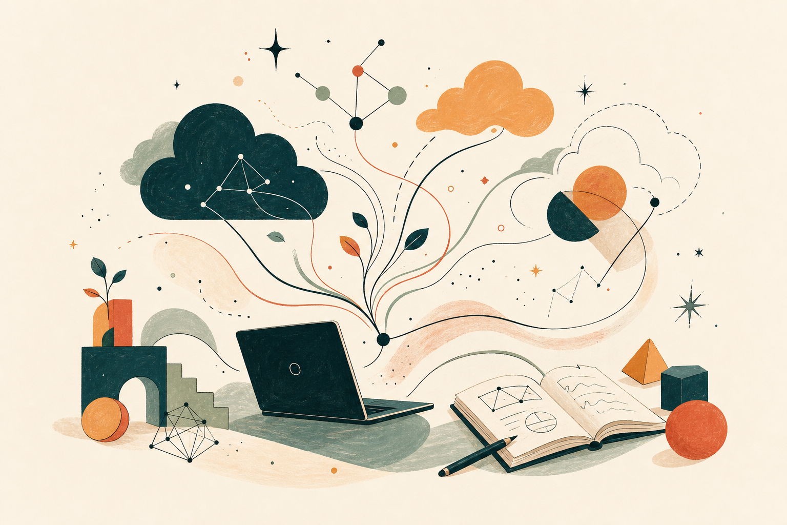An illustrated desk where clouds, circuits, plants, and ideas grow from a laptop and notebook